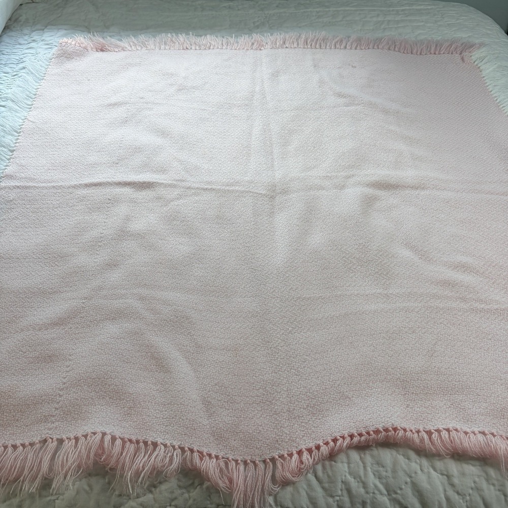 Vintage Feltman Bros Baby Blanket Pink Hand Loomed Soft Fringe Pink White READ - Picture 9 of 16